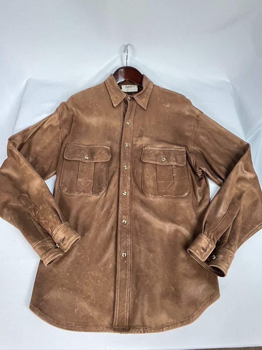 Vintage Distressed Brown Leather Aries on Nob Hill Shirt Jacket Mens Large